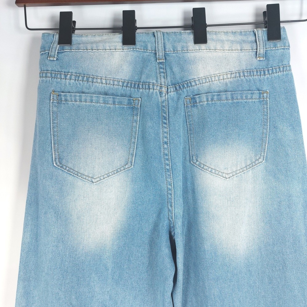 Shein Womens High Waist Wideleg Straight Jeans Sz L Distressed Pockets Lt Blue - Picture 7 of 8